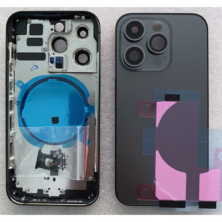 Chassis Arriere remplacement NU pour iPhone 14  PRO Gris/Noir + COLLE