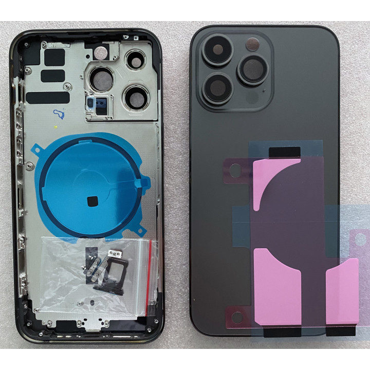 Chassis Arriere remplacement NU pour iPhone 14  PRO MAX Gris/Noir + COLLE