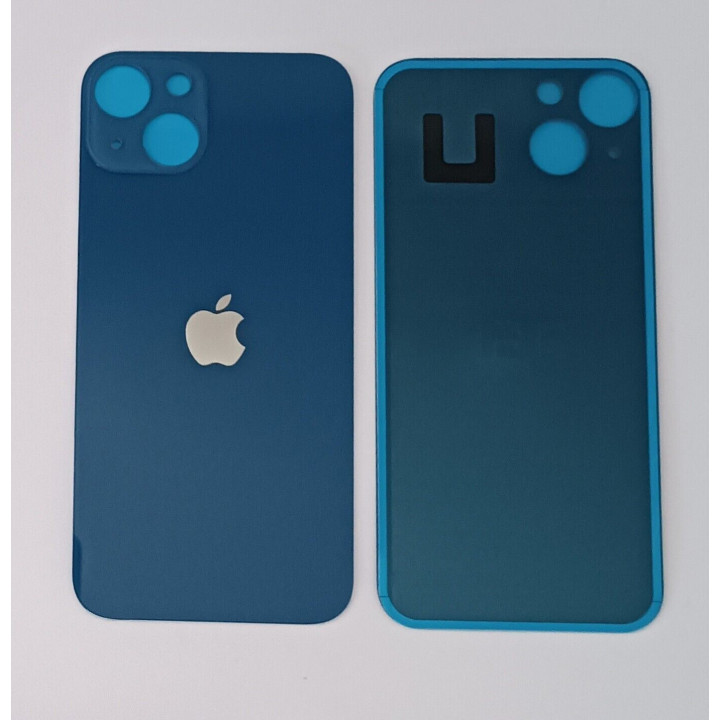 Vitre Arriere pour iPhone 13 Bleu, Colle Pre installé + Grand trou