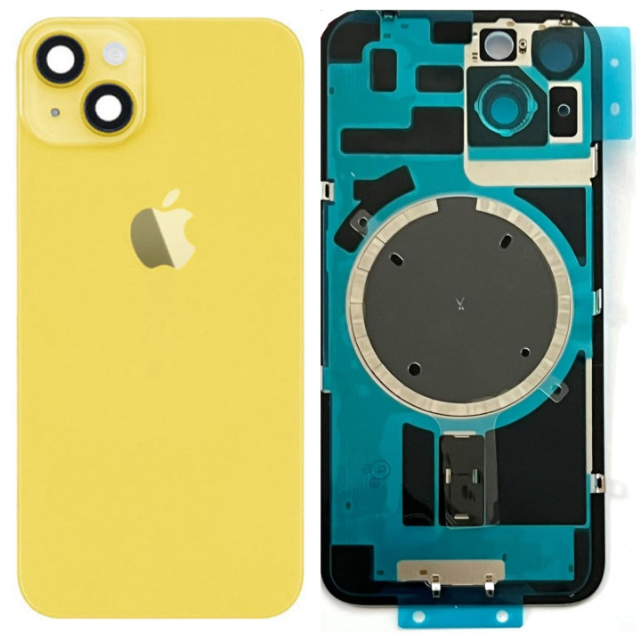 Vitre Arriere avec Plaque pour iPhone 14 Jaune +Aimants et Colle