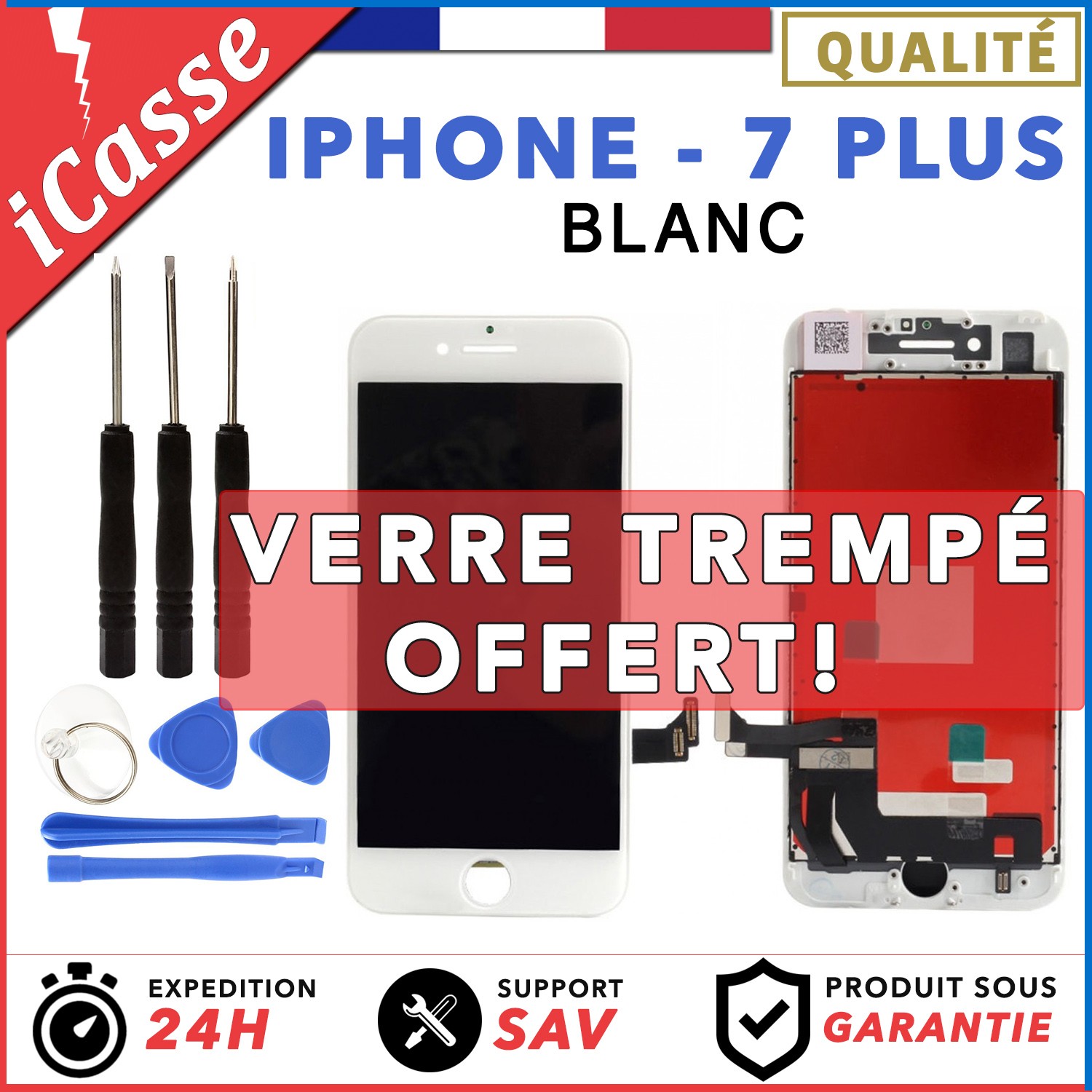 Écran LCD Complet Pour IPhone 7 Plus Noir – Vitre Tactile Sur Châssis + Kit Outils – Neuf
