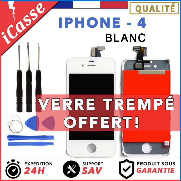 VITRE TACTILE + ECRAN LCD RETINA SUR CHASSIS IPHONE 4 BLANC + OUTILS