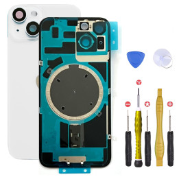 Vitre arrière pour iPhone 14 Plus Blanc + adhésif + plaque métallique + joint