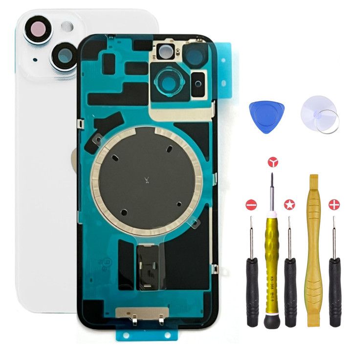 Vitre arrière pour iPhone 14 Plus Blanc + adhésif + plaque métallique + joint