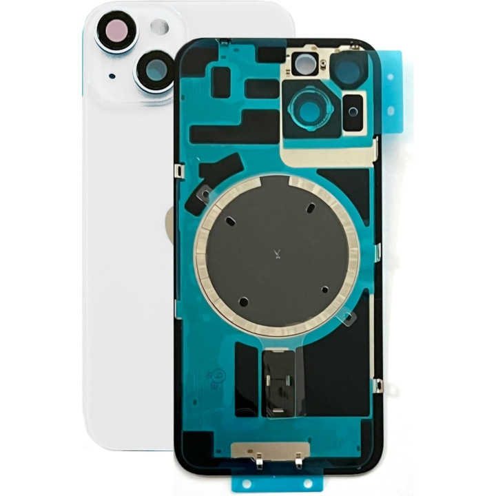 Vitre arrière pour iPhone 14 Plus Blanc + adhésif + plaque métallique + joint