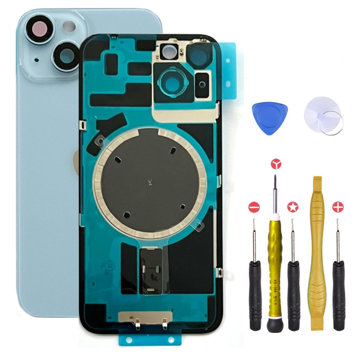 Vitre arrière pour iPhone 14 Plus Bleu + adhésif + plaque métallique + joint