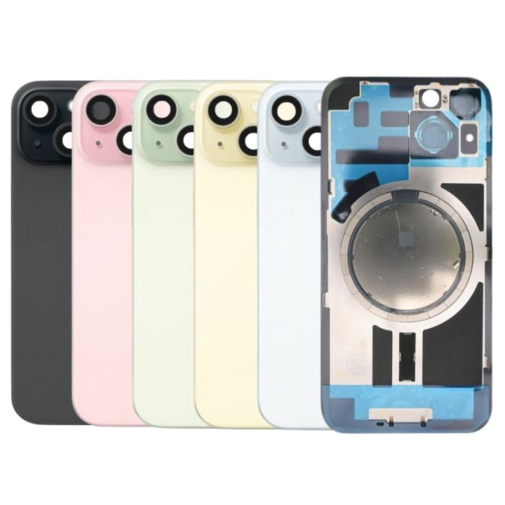Vitre arrière pour iPhone 15 Noir + adhésif + plaque métallique + joint