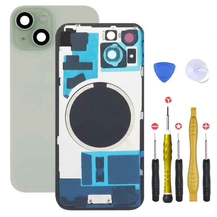 Vitre arrière pour iPhone 15 Vert + adhésif + plaque métallique + joint