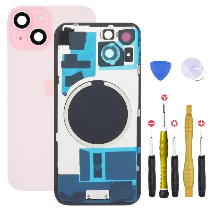 Vitre arrière pour iPhone 15 Rose + adhésif + plaque métallique + joint