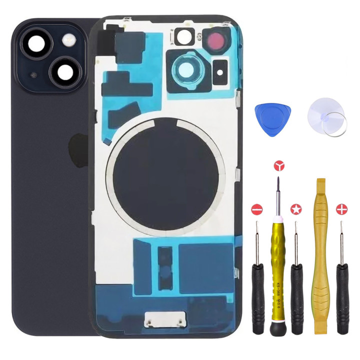 Vitre arrière pour iPhone 15 Plus Noir + adhésif + plaque métallique + joint
