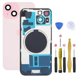 Vitre arrière pour iPhone 15 Plus Rose + adhésif + plaque métallique + joint