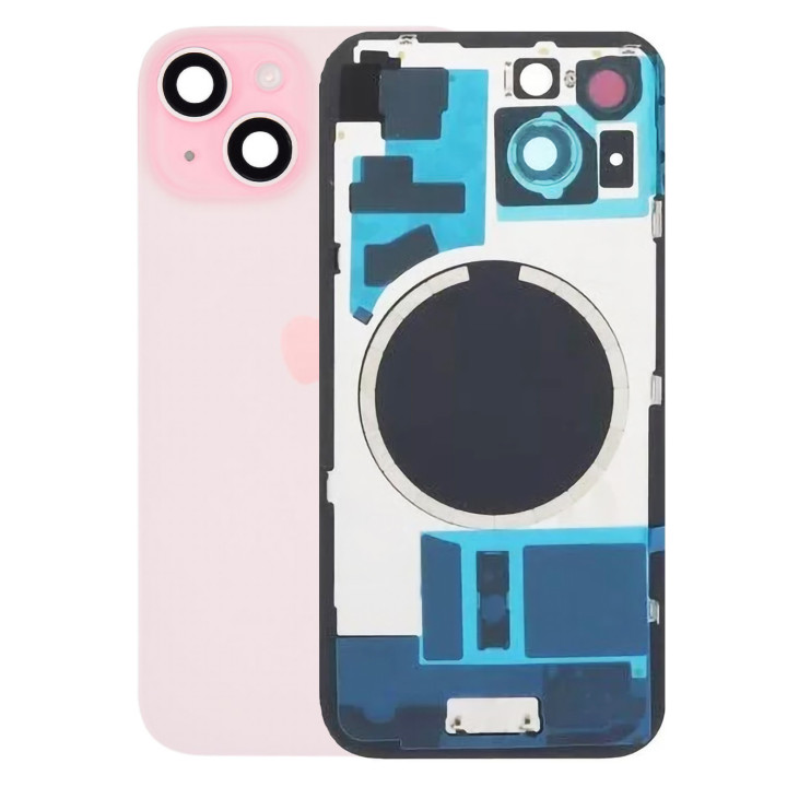 Vitre arrière pour iPhone 15 Plus Rose + adhésif + plaque métallique + joint