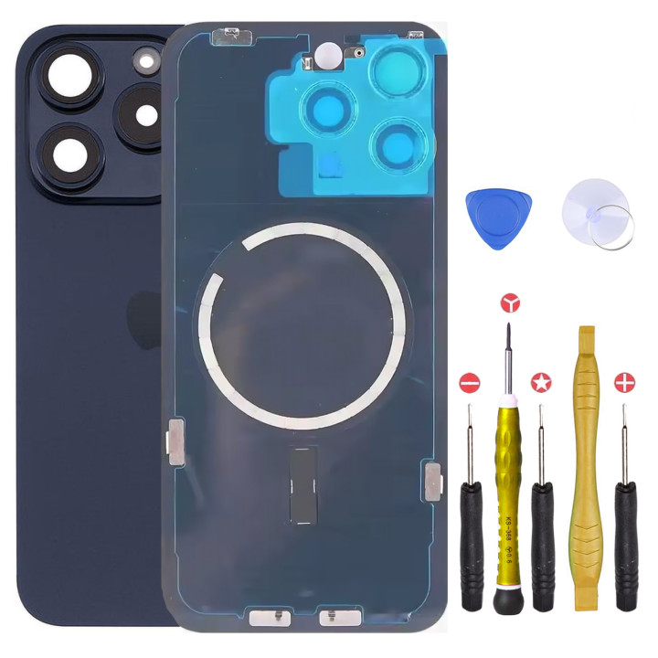 Vitre arrière pour iPhone 15 Pro Bleu + adhésif + plaque métallique + joint