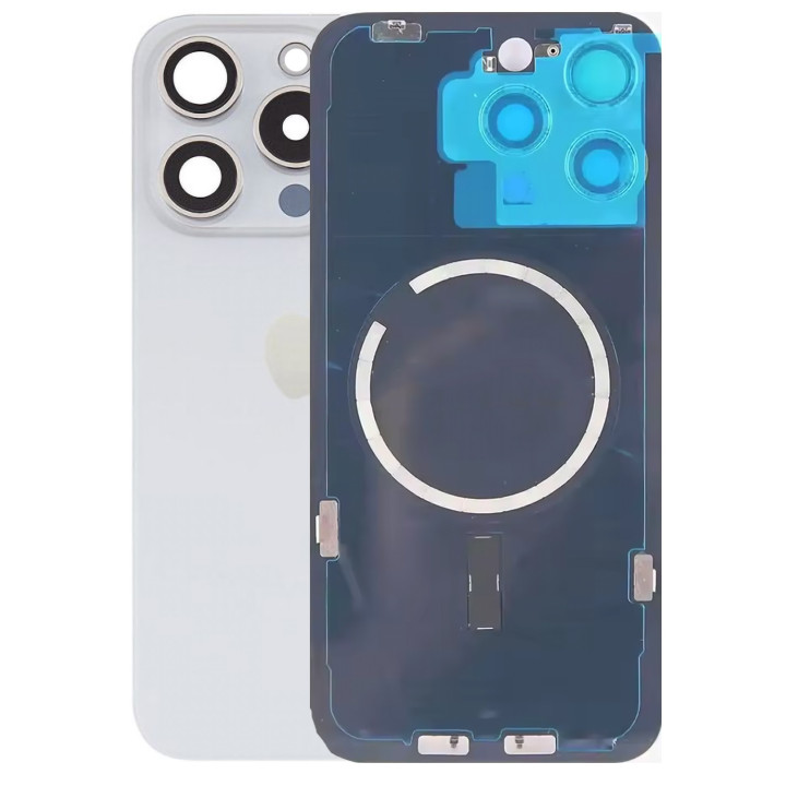 Vitre arrière pour iPhone 15 Pro Blanc + adhésif + plaque métallique + joint
