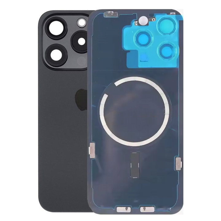 Vitre arrière pour iPhone 15 Pro Noir + adhésif + plaque métallique + joint