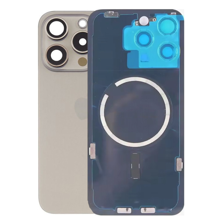 Vitre arrière pour iPhone 15 Pro Max Gris + adhésif + plaque métallique + joint