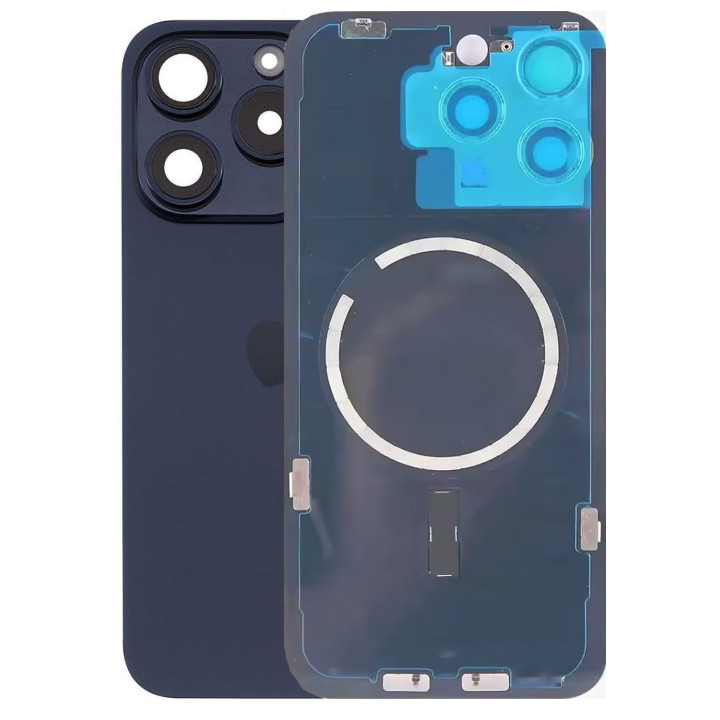 Vitre arrière pour iPhone 15 Pro Max Bleu + adhésif + plaque métallique + joint
