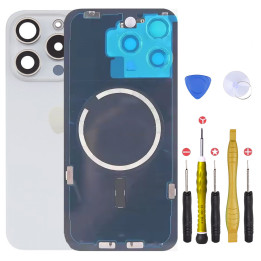 Vitre arrière iPhone 15 Pro Max Blanc + adhésif + plaque métallique + joint
