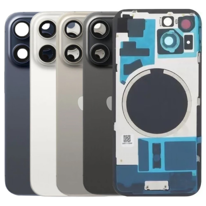 Vitre arrière iPhone 15 Pro Max Blanc + adhésif + plaque métallique + joint