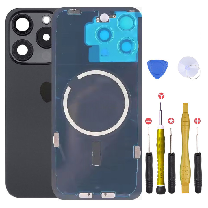 Vitre arrière pour iPhone 15 Pro Max Noir + adhésif + plaque métallique + joint