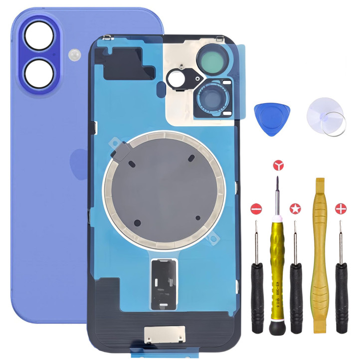 Vitre arrière pour iPhone 16 Bleu + adhésif + plaque métallique + joint