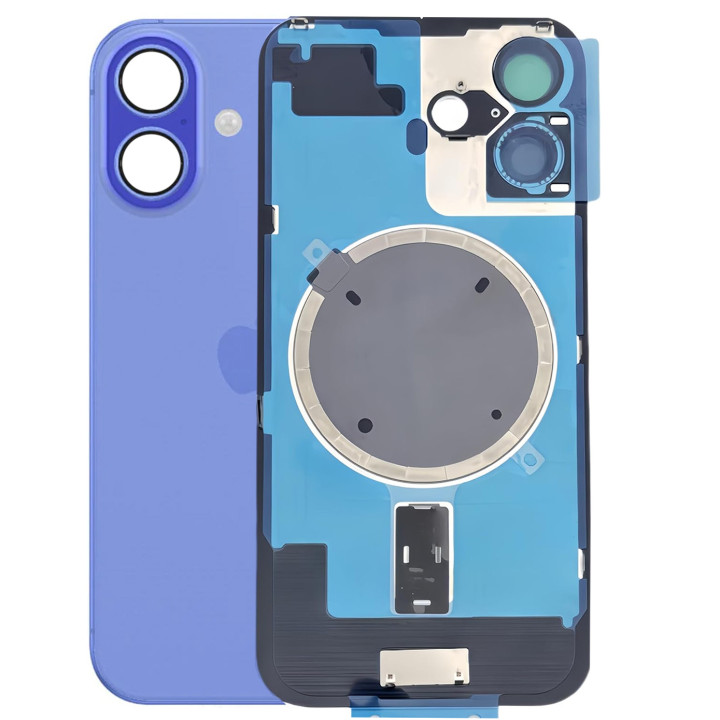 Vitre arrière pour iPhone 16 Bleu + adhésif + plaque métallique + joint