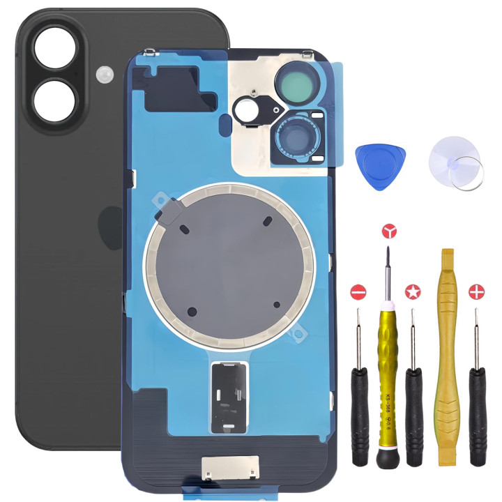 Vitre arrière pour iPhone 16 Plus Noir + adhésif + plaque métallique + joint