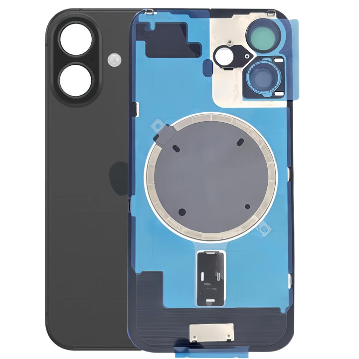 Vitre arrière pour iPhone 16 Plus Noir + adhésif + plaque métallique + joint