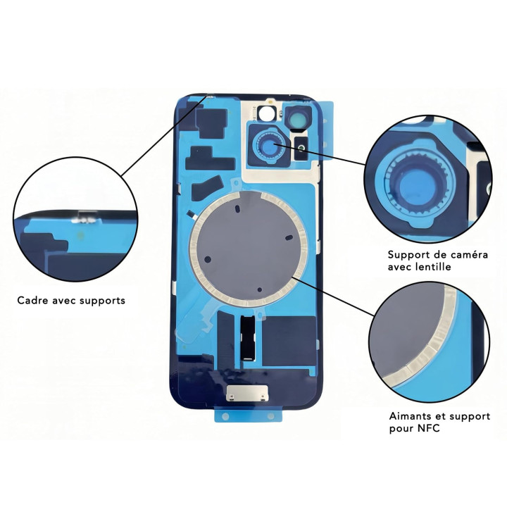 Vitre arrière pour iPhone 16 Plus Noir + adhésif + plaque métallique + joint