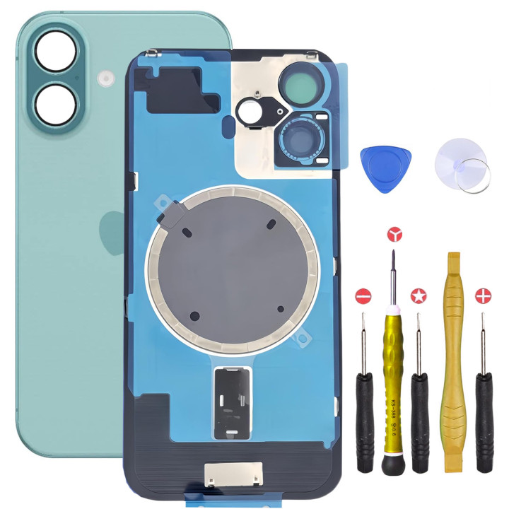 Vitre arrière pour iPhone 16 Plus Vert + adhésif + plaque métallique + joint