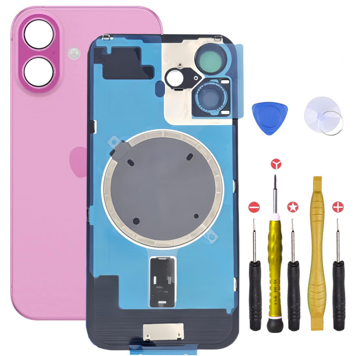 Vitre arrière pour iPhone 16 Plus Rose + adhésif + plaque métallique + joint