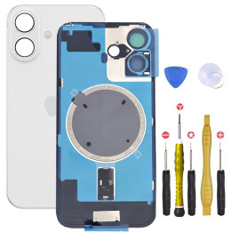 Vitre arrière pour iPhone 16 Plus Blanc + adhésif + plaque métallique + joint