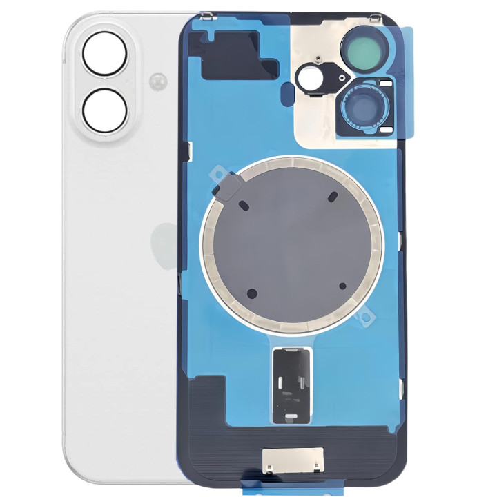 Vitre arrière pour iPhone 16 Plus Blanc + adhésif + plaque métallique + joint
