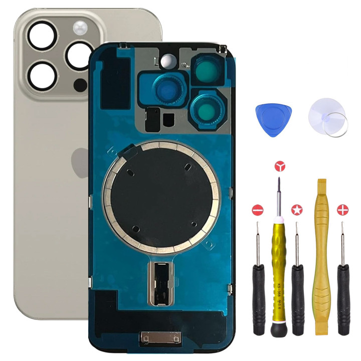 Vitre arrière pour iPhone 16 Pro Gris + adhésif + plaque métallique + joint