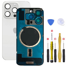 Vitre arrière pour iPhone 16 Pro Blanc + adhésif + plaque métallique + joint