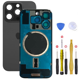 Vitre arrière pour iPhone 16 Pro Max Noir + adhésif + plaque métallique + joint