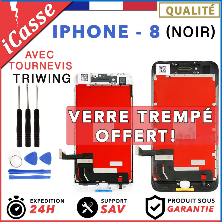 ECRAN LCD + VITRE TACTILE SUR CHASSIS POUR IPHONE 8 NOIR + OUTILS