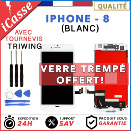ECRAN LCD + VITRE TACTILE SUR CHASSIS POUR IPHONE 8 BLANC + OUTILS