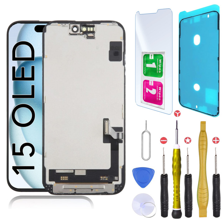 Écran OLED pour iPhone 15 + joint + verre trempé + outils