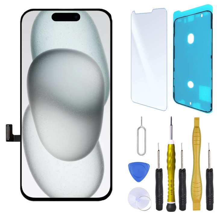 Écran OLED pour iPhone 15 + joint + verre trempé + outils
