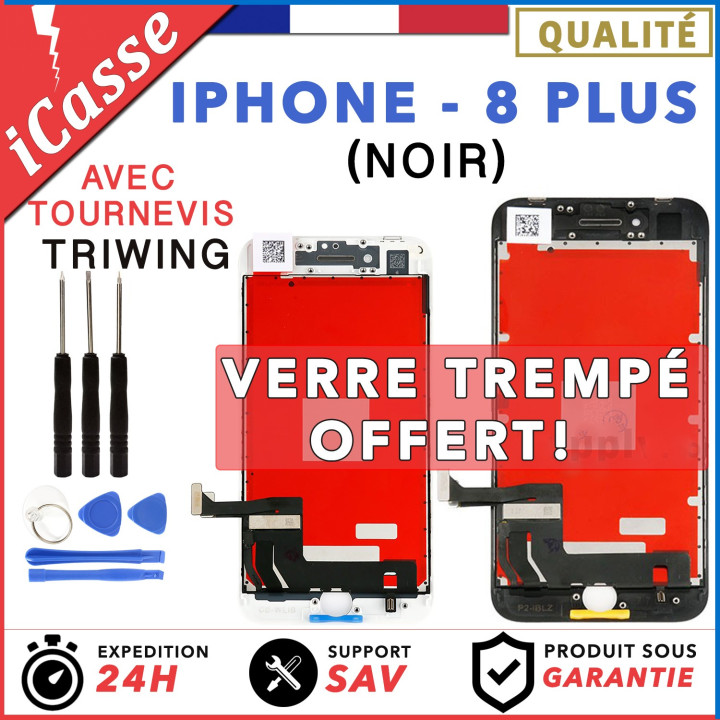 ECRAN LCD + VITRE TACTILE SUR CHASSIS IPHONE 8 PLUS NOIR + OUTILS