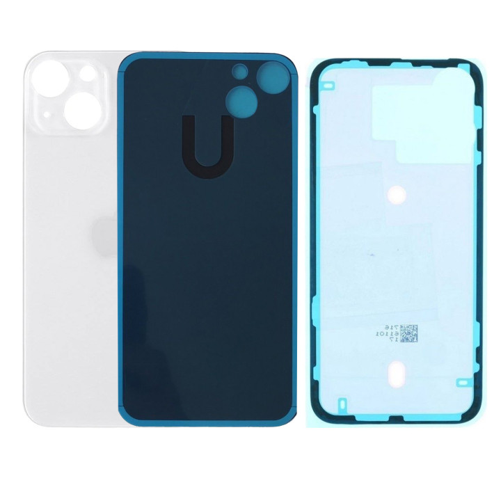 Vitre Arriere pour iPhone 13 Blanc, Colle Pre installé + Grand trou