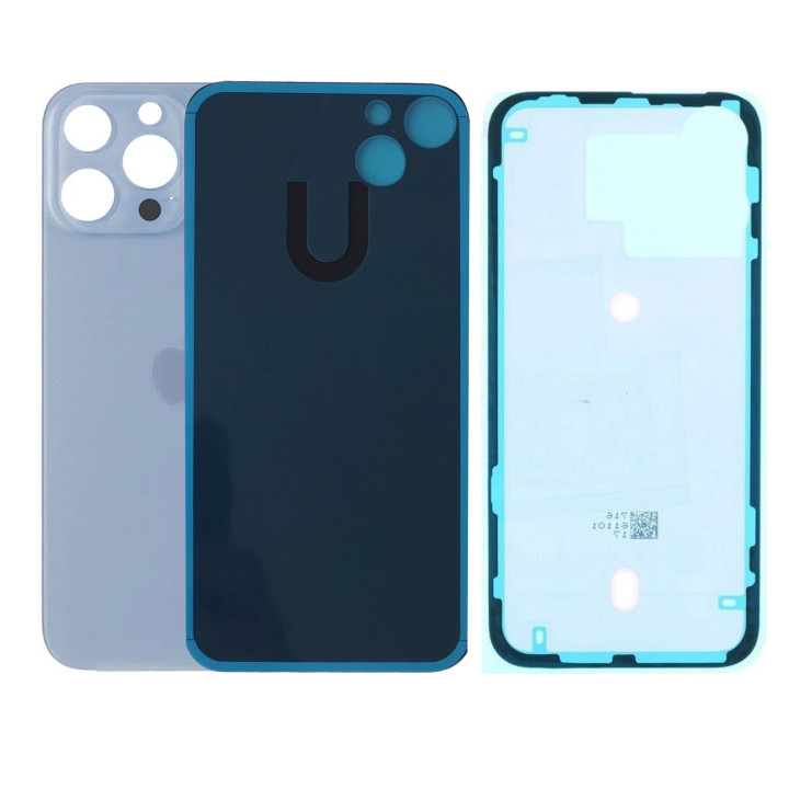 Vitre Arriere pour iPhone 13 Pro Max Bleu Alpin, Colle Pre installé + Grand trou