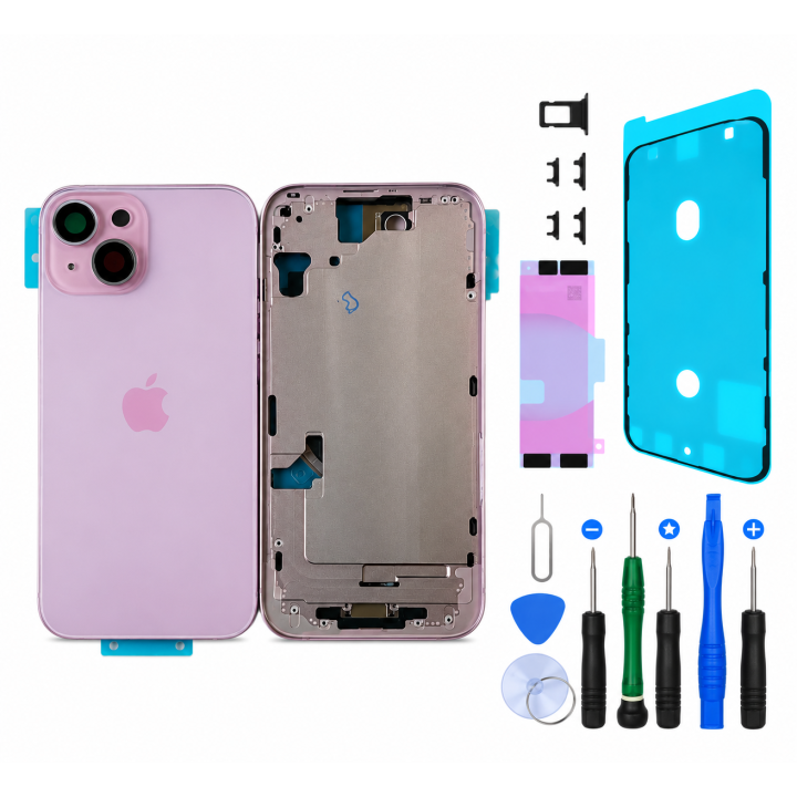 Châssis complet prémonté pour iPhone 15 Rose + joint + outils