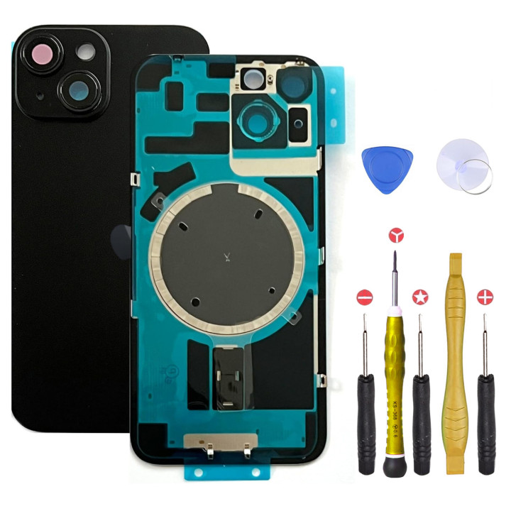 Vitre Arriere avec Plaque pour iPhone 14 Minuit Noir +Aimants et Colle